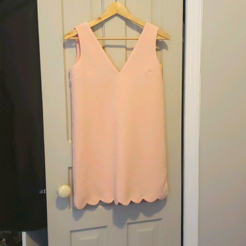 Tobi pink shift mini dress, scalloped low back
